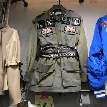 

High-End Beads Flower Collar Sash Waist Sequin Army Green Mid-length Trench Coat Coats Women's Streetwear Windbreaker