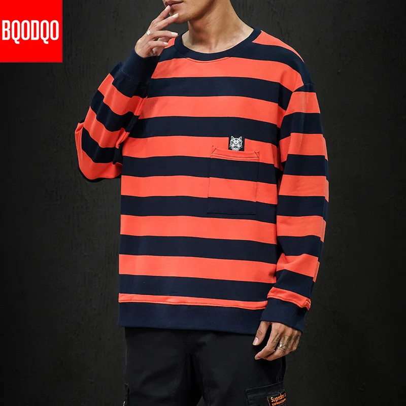 Харадзюку хип-хоп Повседневный свитер пуловер с круглым вырезом осенние полосатые толстовки Мужская мода преппи Японская уличная одежда Топы