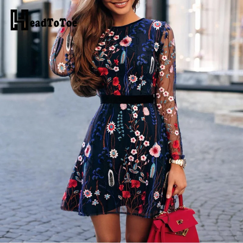 

2019 Spring Summer Women Floral Print Mini Dress A-line Mesh Boho Dress Office Lady Casual Long Sleeve Embroidery Lace Dress