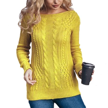 

Winter Solid Color Knitted Women Sweater Long Sleeve Round Collar Vintage Warm Jumper Tops Mid-Length Slim Pullovers