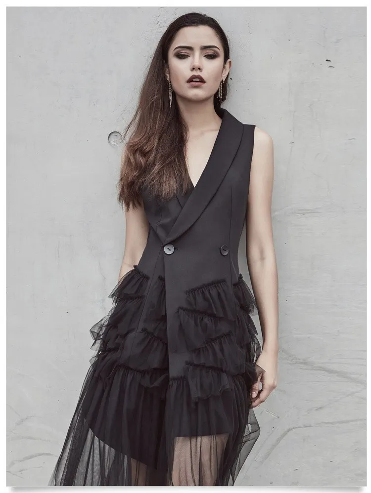 Черное платье миди, офисное женское Сетчатое лоскутное платье без рукавов, женский пиджак, блейзер, элегантное платье