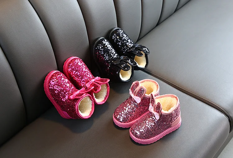 Детские ботинки детская зимняя обувь одежда для малышей милые зимние хлопковые ботинки с кроличьими ушками и блестками теплая обувь Botas