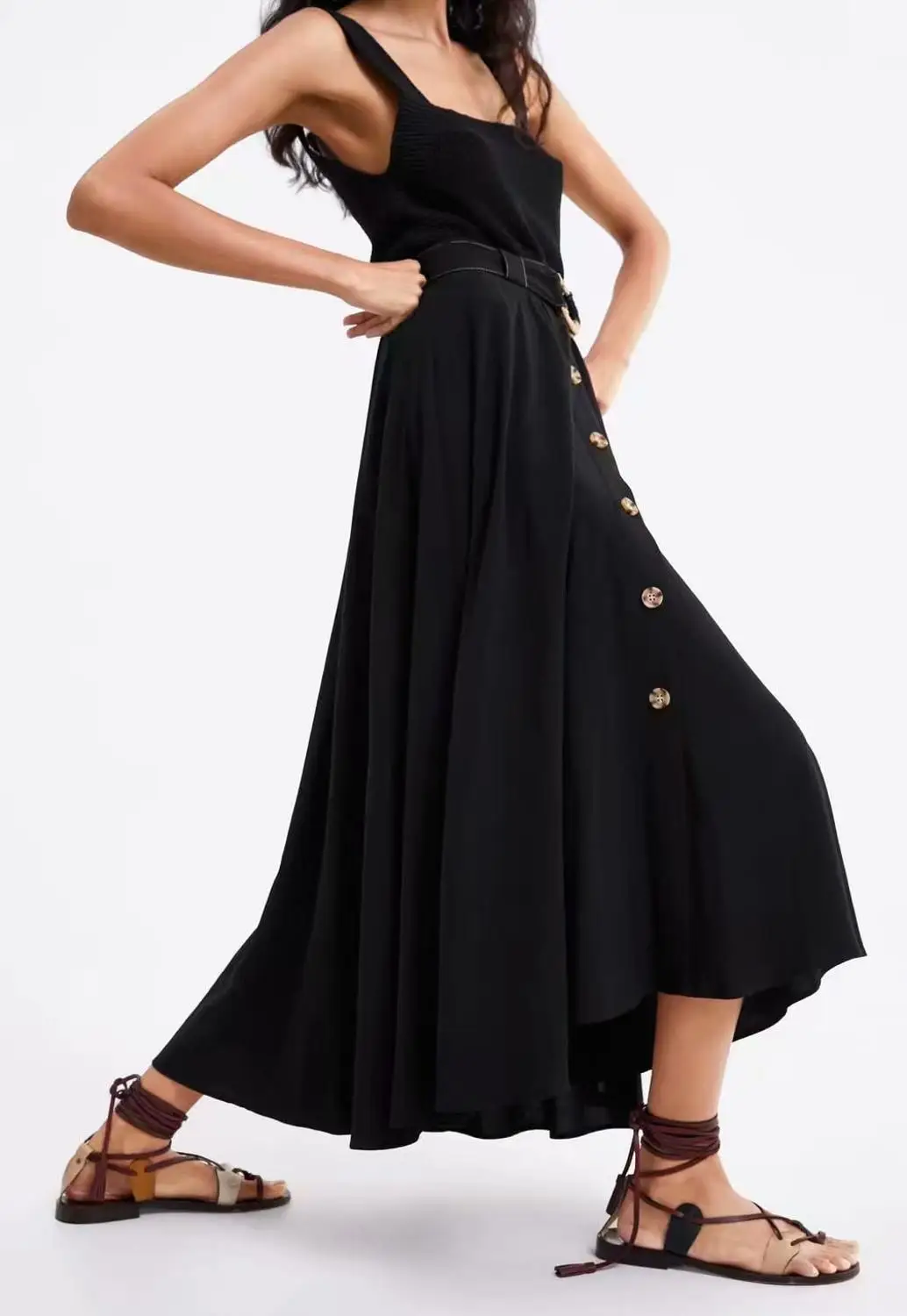 

Summer Single-breasted Women Skirt Casual Cotton High-waist Black A-line Long Skirts With Belt