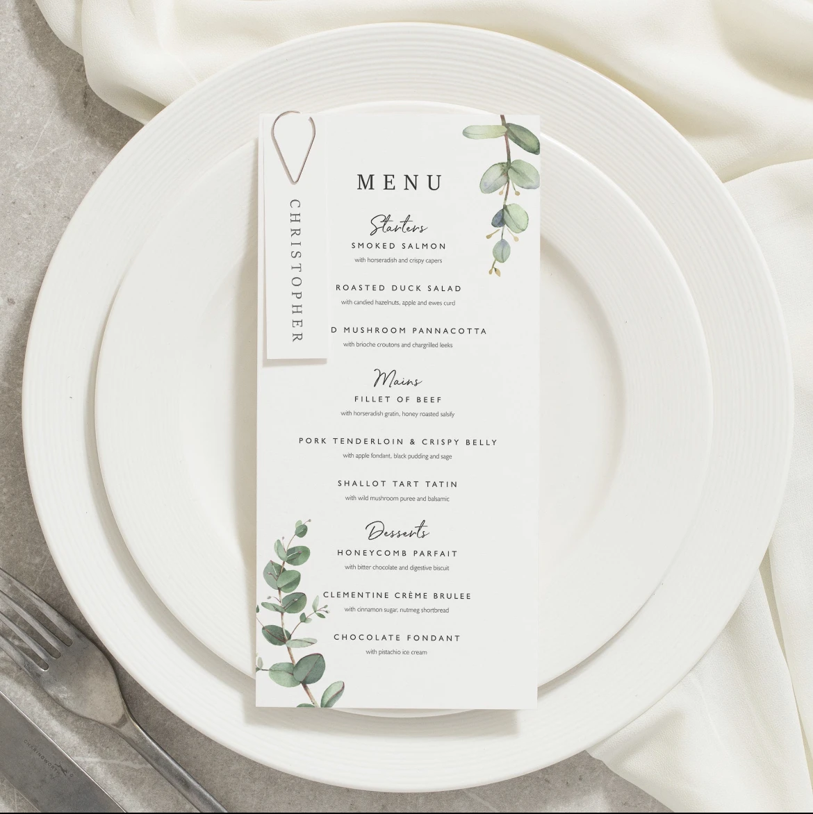 Wedding Dinner Floral Eucalyptus Greenery Menu cards with place card