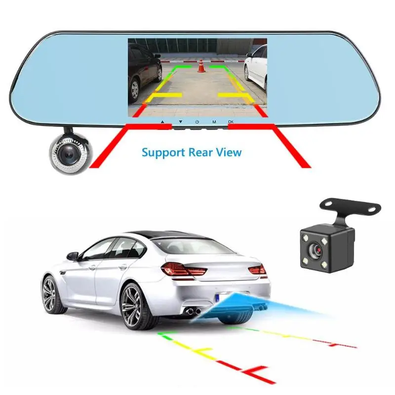 12/24V V9 Двойной объектив видеорегистратор для автомобиля DVR Камера 5 дюймов Сенсорный экран Dashcam видео Регистраторы зеркало заднего вида с камерой заднего вида Камера автомобиля Зарядное устройство