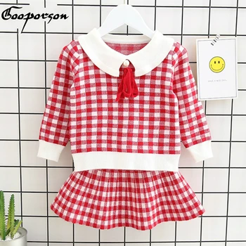 

Children's Wear Girls Winter Clothes Set Plaid Knitted Sweater Shirt & Skirt Children Winter Sets Kids Clothing Cute Warm Sets