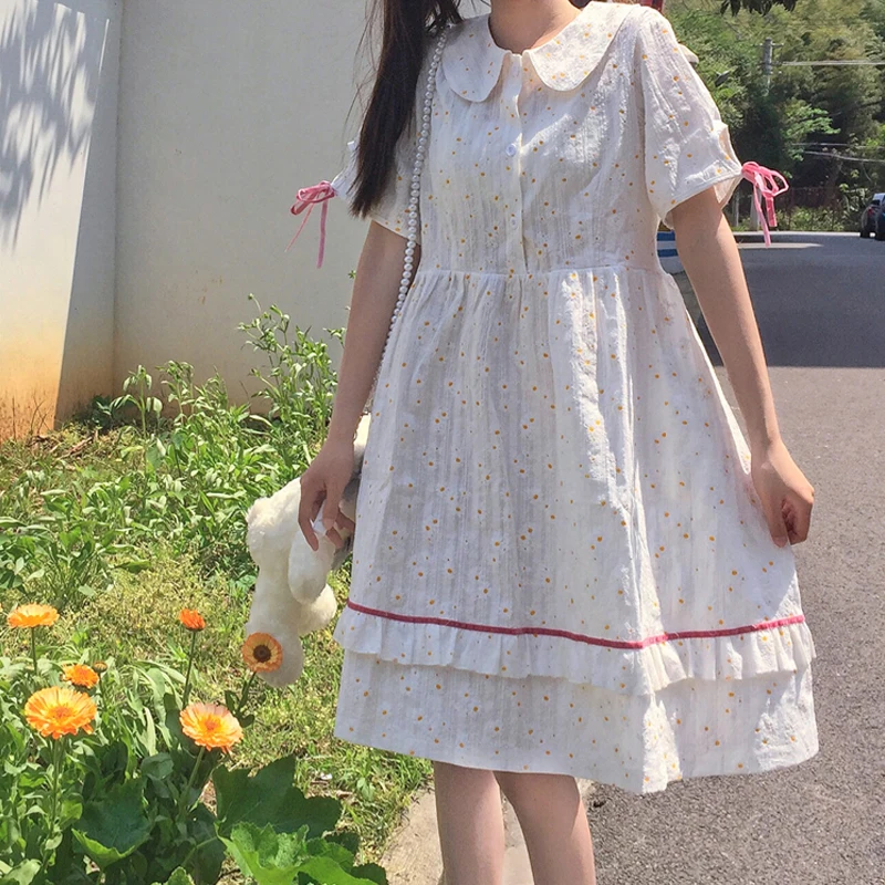 Japanese Style Summer White Women's Dress Sweet Loose Bandage Peter Pan ...