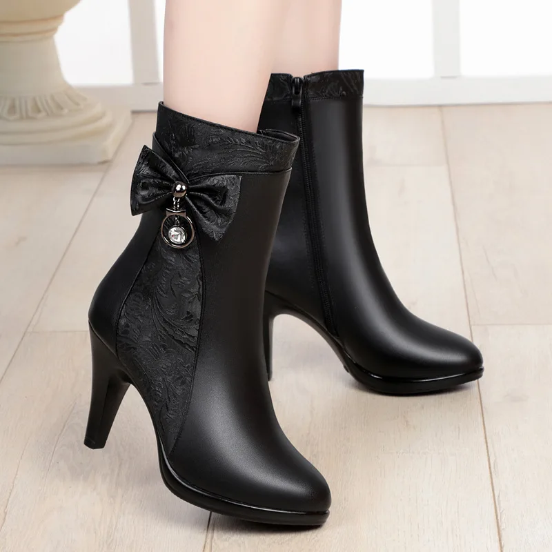 

Genuine Leather WOMEN'S High Heels Thin Heeled Boots Wool Middle Boots plus Velvet Leather Boot Middle-aged Mom Female Cotton Bo