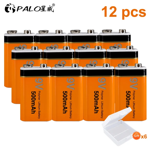 PALO 9V Rechargeable Battery 500mAh 9V Lithium rechargeable battery 9v 6f22 Li-ion batteries for Mrophone 9v Battery 12pcs battery