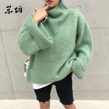 

Light Women Green Mink Cashmere Plus Size Sweater Fall Winter Flrae Sleeve Knitted Soft Warm Pullover Casual Loose Tops