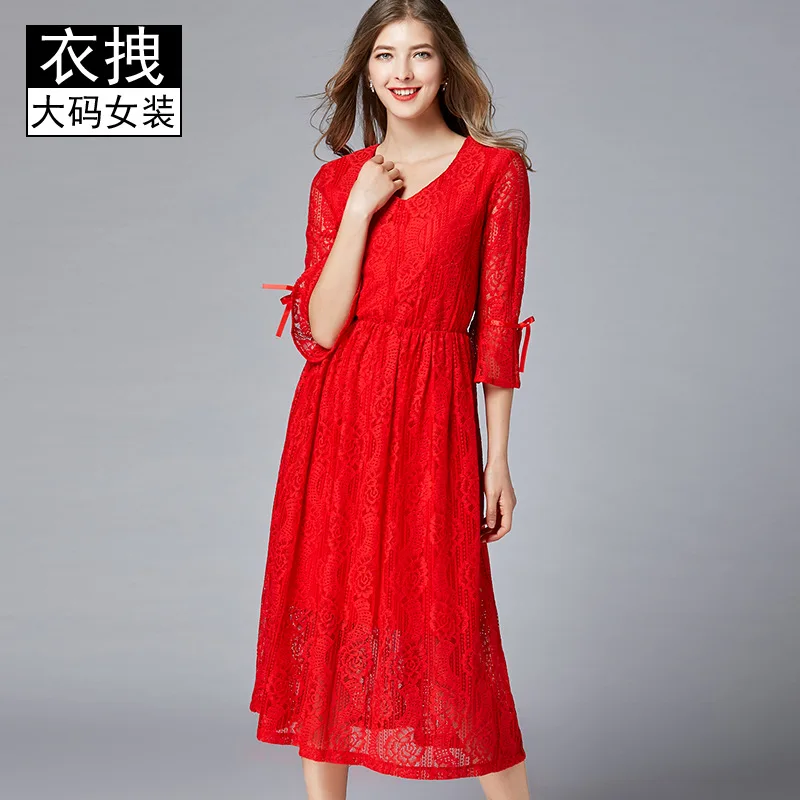 

Large Size Red Skirt 2019 New Style Europe And America Fairy Skirt Hepburn Elegant Lace Brand Full Body Dress
