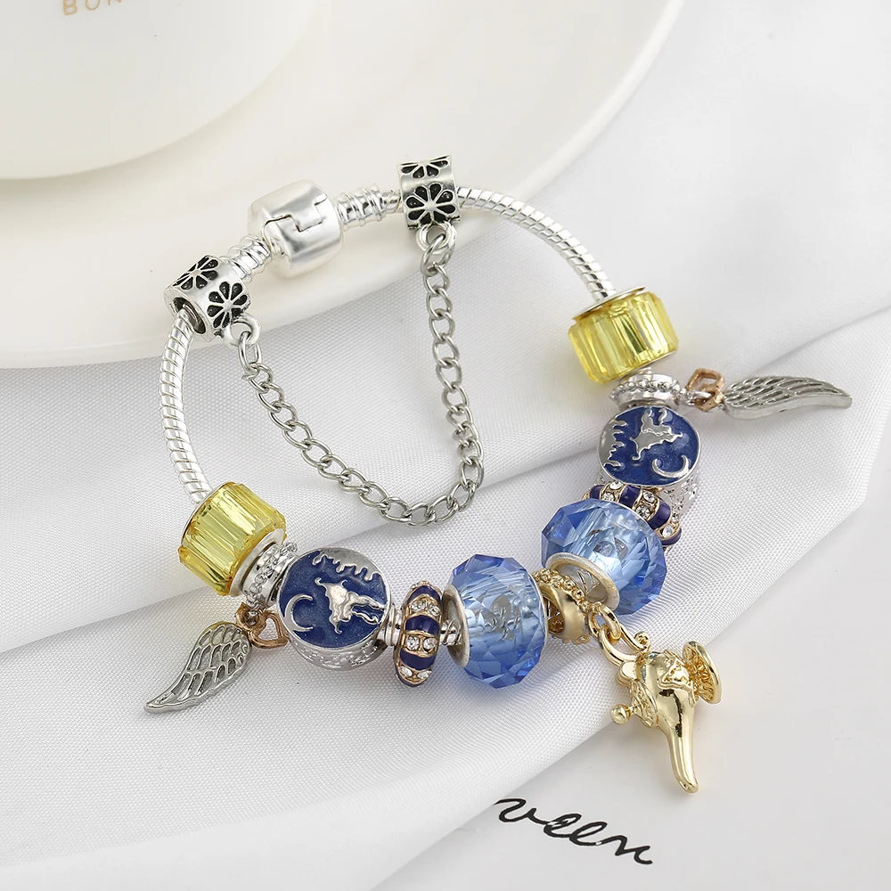 Новинка 925, модная Серебряная Лампа Алладина, браслет с шармом, Крылатый Летающий одеяло, синяя бусина, брендовые браслеты для женщин и мужчин