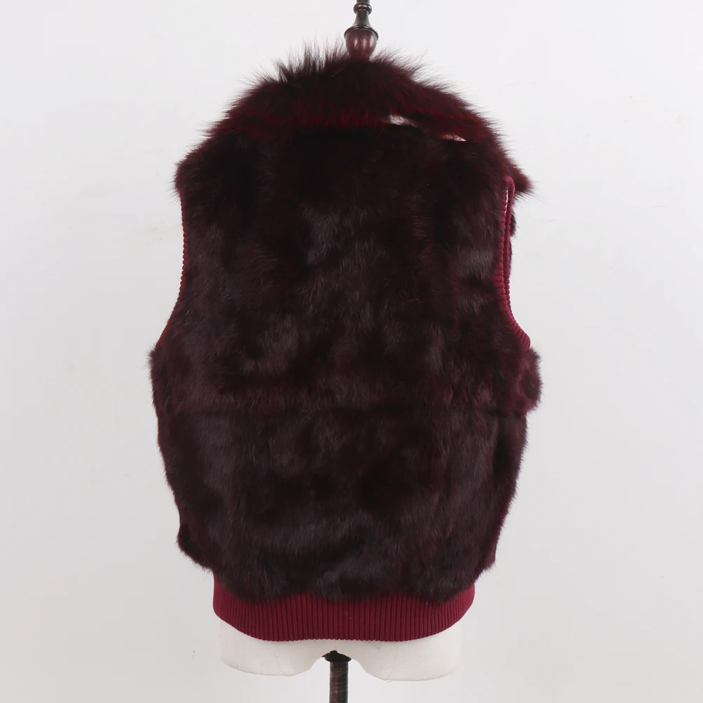 Hot Sale Women Real Fur Vest Natural Warm Rabbit Fur Gilet With Fox Fur Collor Winter Lady Genuine Rabbit Fur Sleeveless Coat
