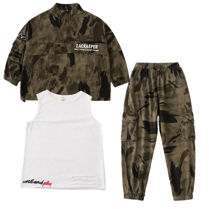 3 pcs set Детская одежда в стиле хип-хоп камуфляжная кофта с капюшоном Толстовка Штаны для бега для девочек и мальчиков, костюмы для джазовых танцев для детей 6, 8, 10, 12, 14, 16 лет - Цвет: 3 pcs set