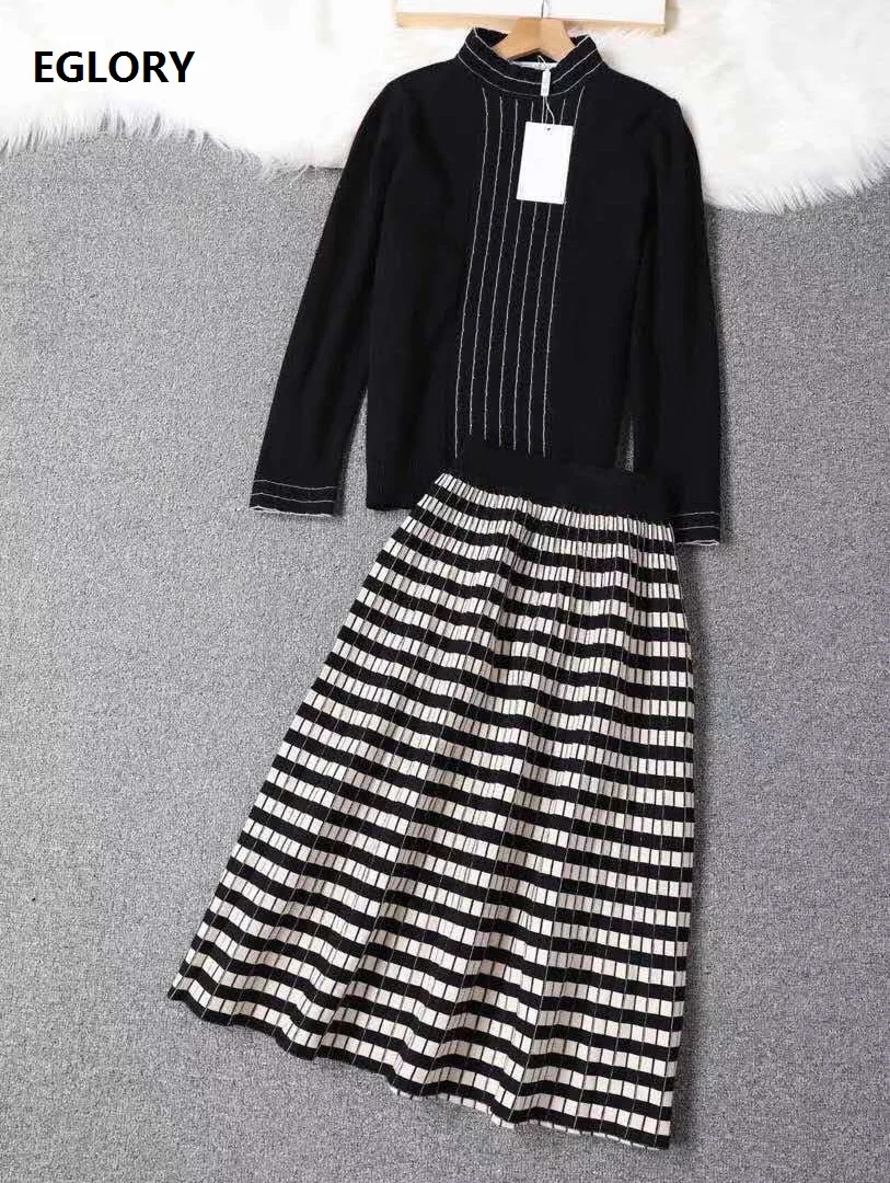 

High Quality New Wool Sweater Sets 2020 Winter Suits Women Wool Knitted Pullovers+Striped Patterns Knitted A-Line Skirt Sets 2pc