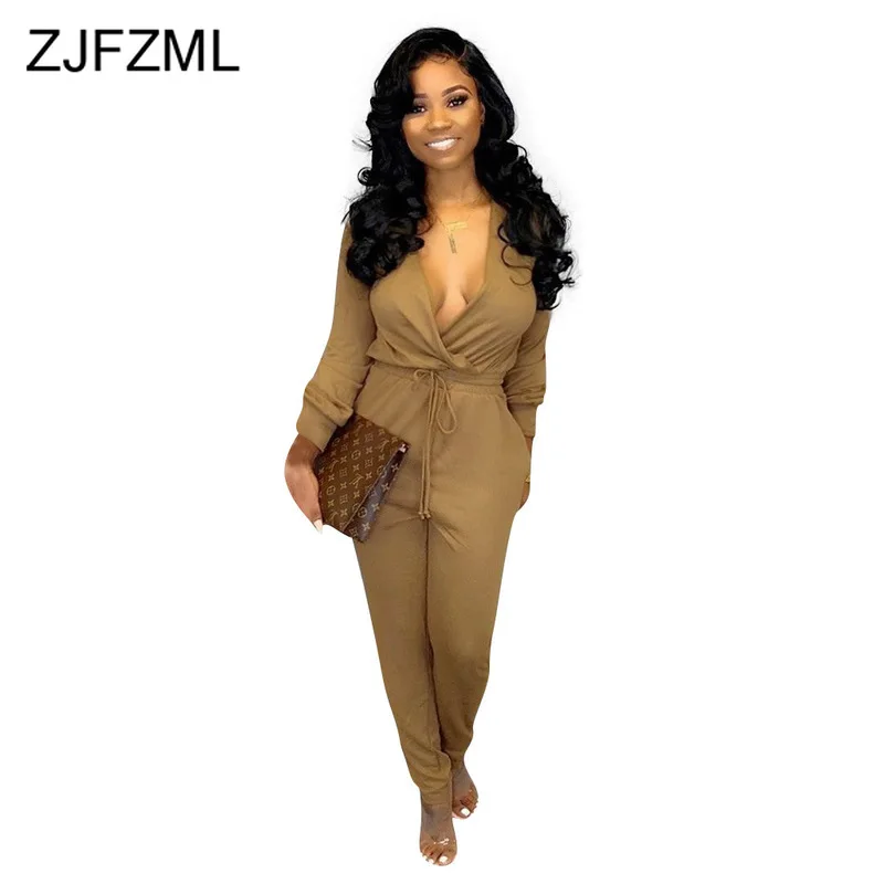 

Deep V Neck Causal Jumpsuits for Women 2019 Long Sleeve Drawstring Plus Size Rompers Autumn 2019 Solid One Piece Long Bodysuit