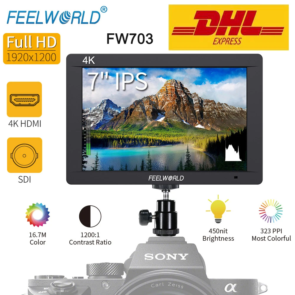

FEELWORLD FW703 Monitor 3G SDI 4K HDMI On-camera Monitor 7 Inch 1920x1200 Full HD for Sony Nikon Canon DSLR Video Professional