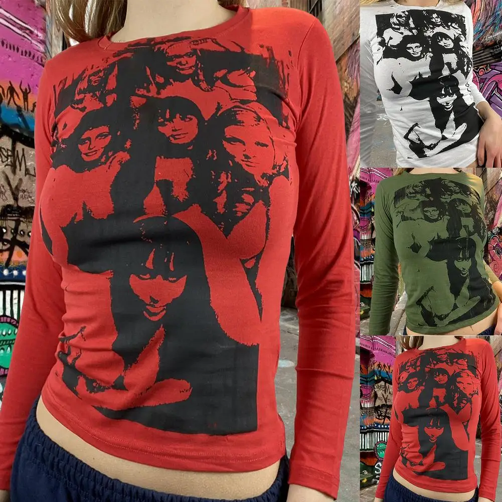 2021 Retro face print slim T-shirt Y2K street personality long-sleeved T-shirt 1