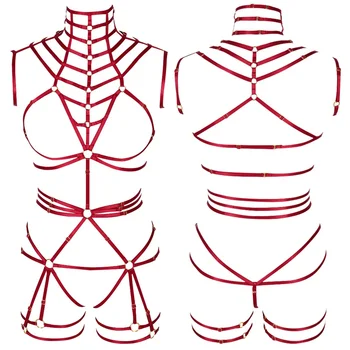 

Wine Red Full Body Harness Sexy Lingerie Set Cage Bra Fetish Chest Bondage Strap Garter Belt Adjust Hollow Out Tops Dance Rave