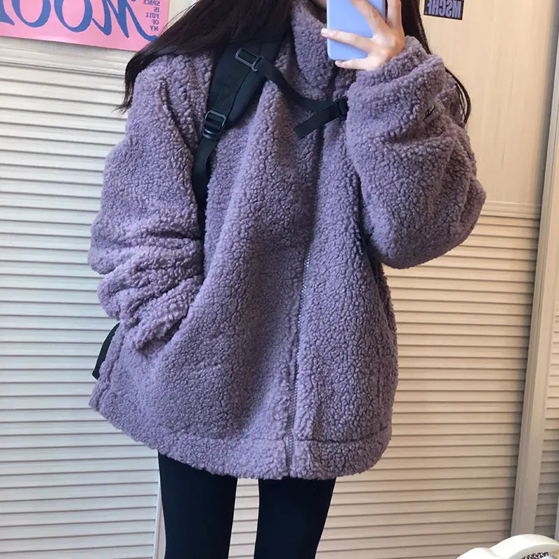 

Purple Faux Lambs Fur Kawaii Coat Lamb Women Teddy Fur Coat Fleece Women Winter Jacket Fleece Original Parkas Loose BF Hoodie