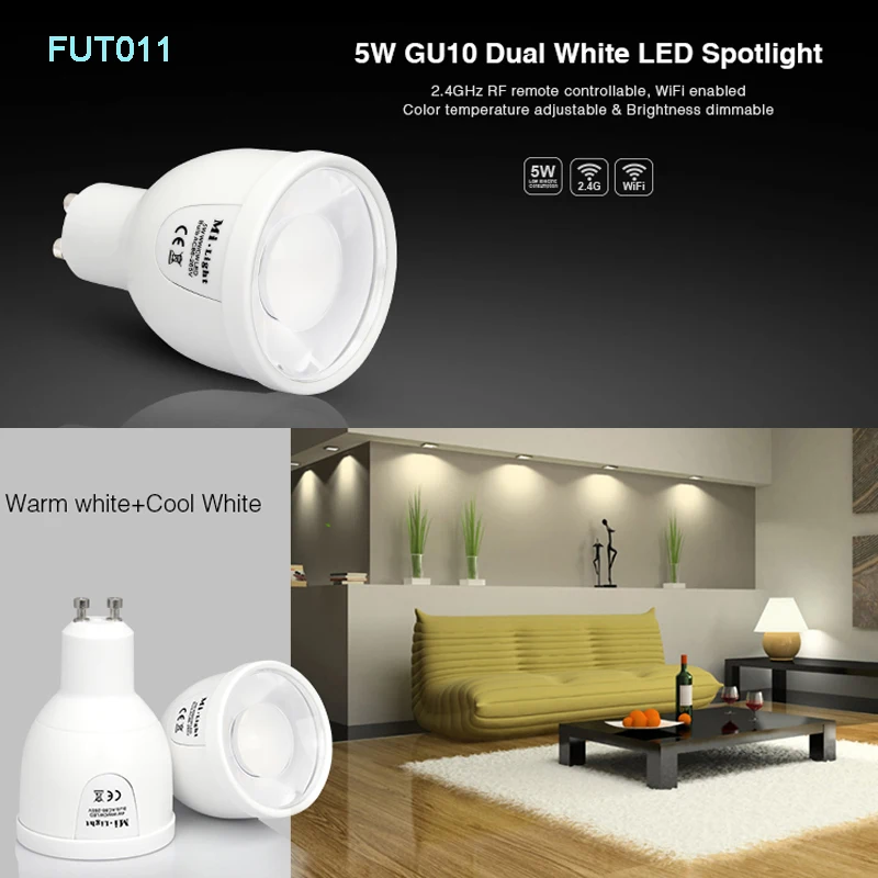 Miboxer FUT011 5W GU10 Dual White(CW/WW) LED Spotlight Color Temperature Adjustable CCT Wifi LED Bulb Lamp  AC100~240V