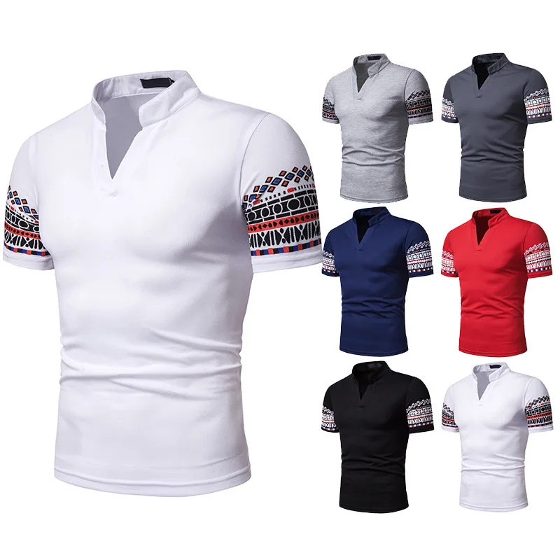 

New Style Henry Collar Men National Style Printed Short Sleeve Polot Shirt D16