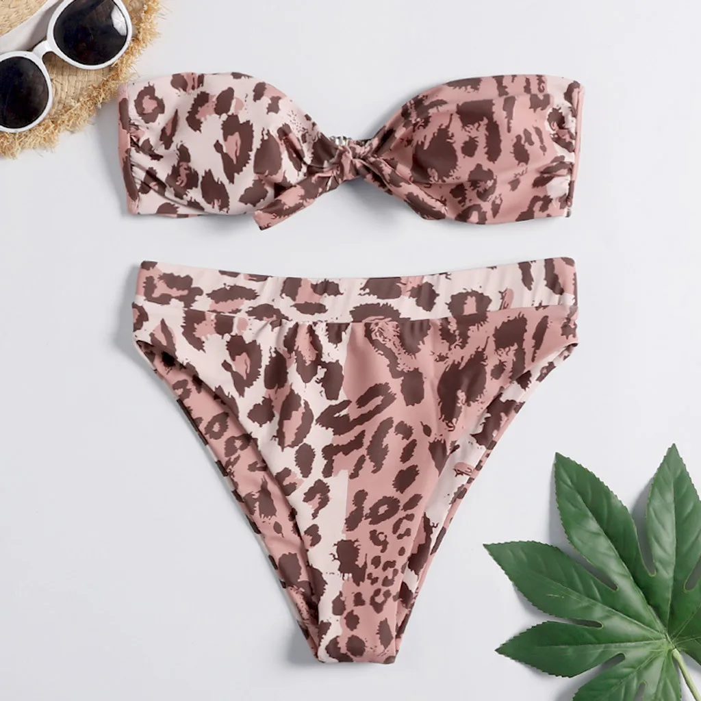 

Fashion Women Bathing Suit Leopard Print Biquini Push-Up Pad Female Intimate Off Soulder Split Underwear Set Wire Free Lengerie
