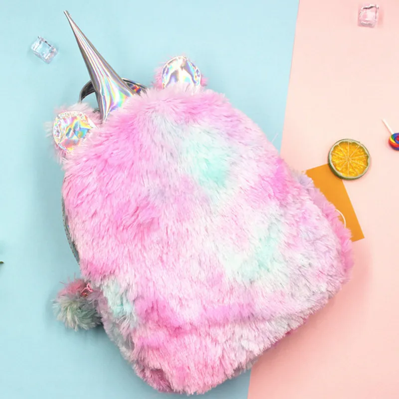 

Unicorn Backpack Bags Women 2019 Winter Faux Fur Small Bagpacks Hologram Leather Teenager Schoolbag Mochila Feminina