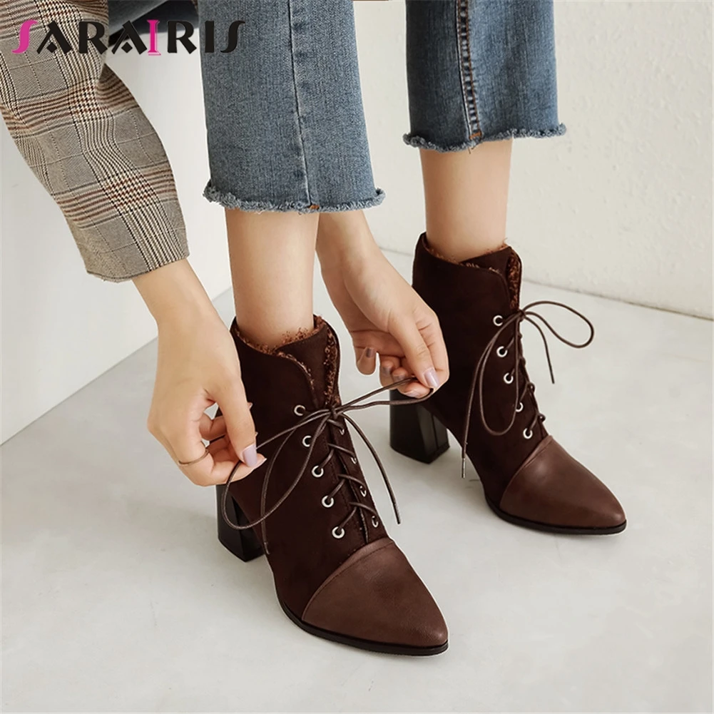 

SARAIRIS Brand New Plus Size 32-48 Autumn Winter Ankle Boots Lace Up Pointed Toe Shoes Woman Casual Party Ol High Heels Boots
