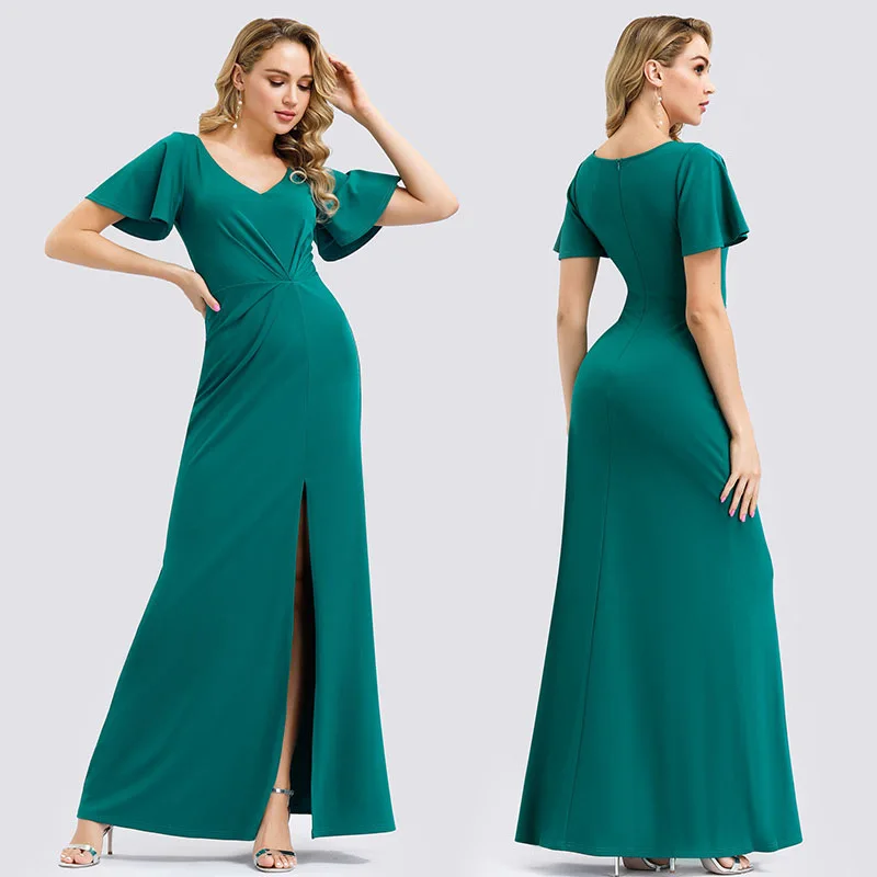 

Green Elasticity Knitted on Shirred Decoration Lotus Leaf Short Sleeve Skirt Slit Sexy Smart Elegant Evening Gown