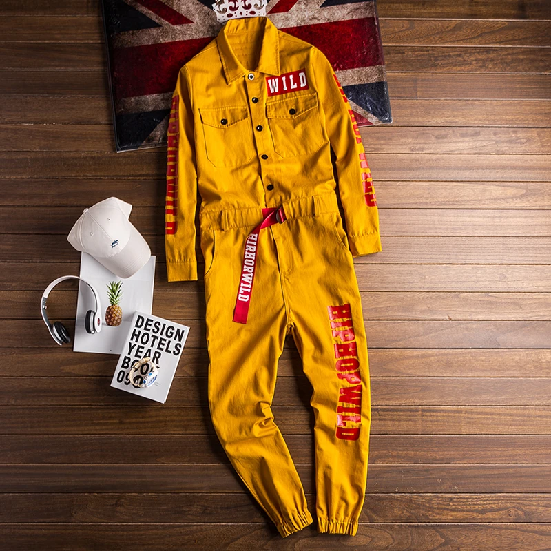 Men Spring Overalls Jumpsuit Cotton Letter Print Beam Feet Coverall Pants Multi Pocket Workwear Loose Trousers