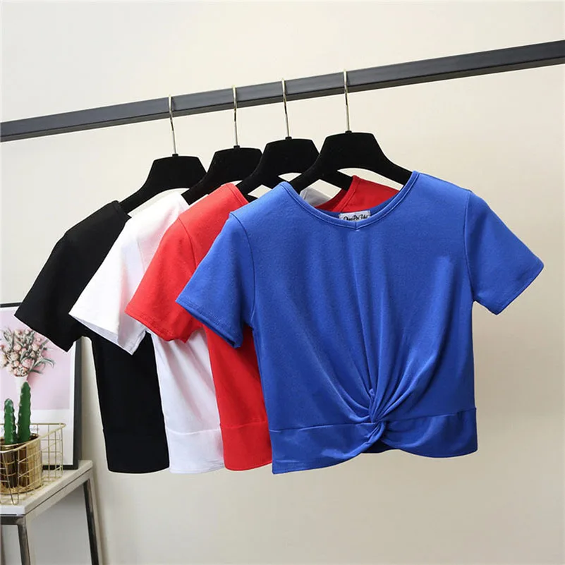 

Женская хлопковая футболка с коротким рукавом, круглым вырезом и высокой талией