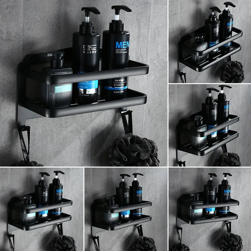 

Bathroom Shelf Black Aluminum Bathroom Bath Shower Shelf Bath Shampoo Holder Basket Holder With Hooks Corner shelf Nail Free