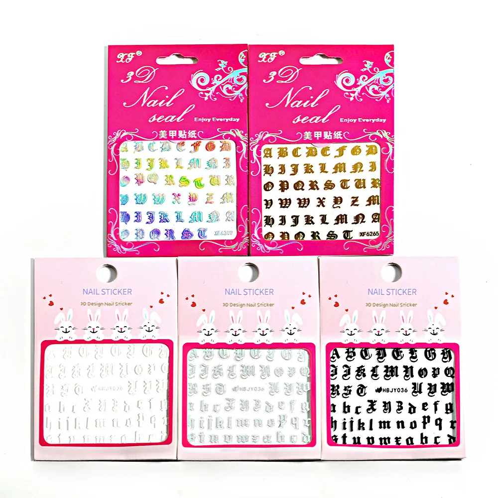 

5 color Nail Art Sticker 3D Nail Decal Gothic Font Words Character Nail Sticker Decals Nail Decoration DIY 1Set