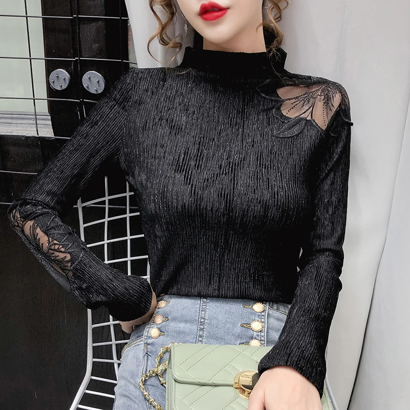 

lace new winter long sleeve T-shirt brim pleuche half a turtleneck embriodery Ulzzang Girlfriends kawaii T Shirts fashion tops