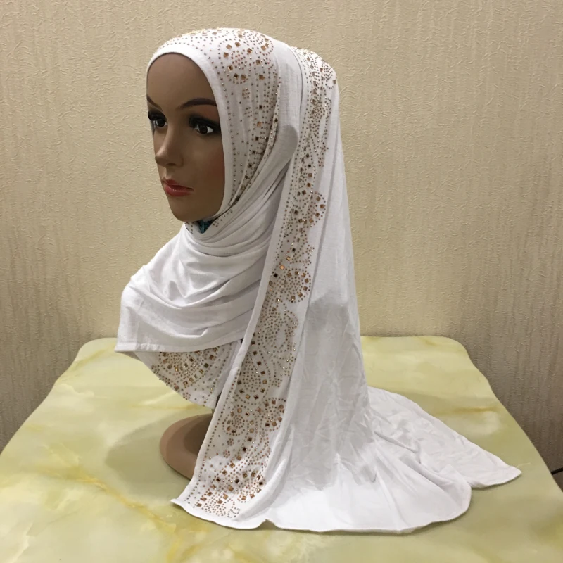 H1429 мода модальный эластичный джерси длинный шарф из хлопка с Стразы исламский хиджаб Женская повязка на голову