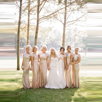 

Bling Sequins Sheath Bridesmaid Dresses Cap Sleeves Open Back Long Bridal Party Formal Gowns robe bordeaux demoiselles d'honneur