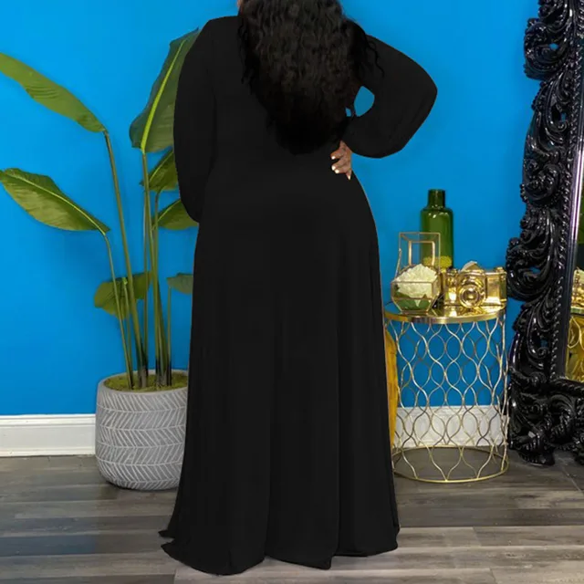 Women's Plus Size A Line Dress Solid Color V Neck Long Sleeve Fall Winter Work Sexy Maxi long Dress Dress 4