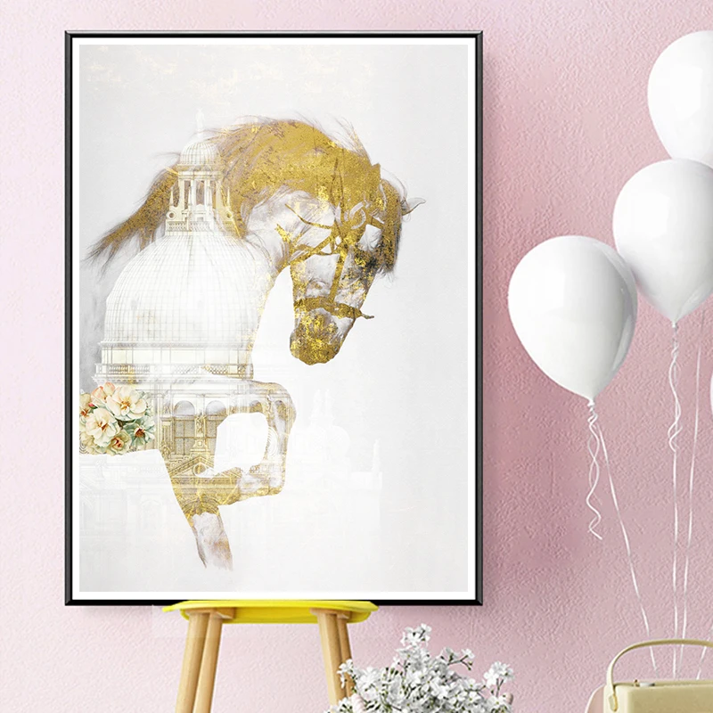 Скандинавский современный Декор животное искусство Золотая лошадь картины на