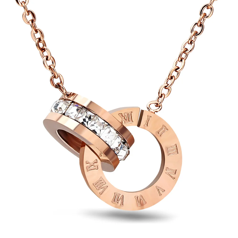 

Korean Roman Numeral Stainless Steel Pendant Necklace with Zircon for Women Rose/Gold/Silver Color Necklace Jewelry