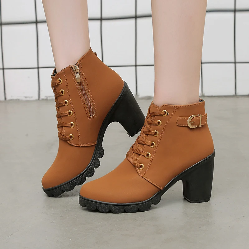 

Plus Size 2019 Winter Lace Up Ankle Boots Chunky Heels Buckle High Heels Boots Casual Shoes Women botas mujer bottes femme 7751