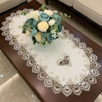

European Oval Vintage Embroidered Lace Rectangular Tablecloth Floral Table Cloth Mat Decoration For Wedding Party Table Runner