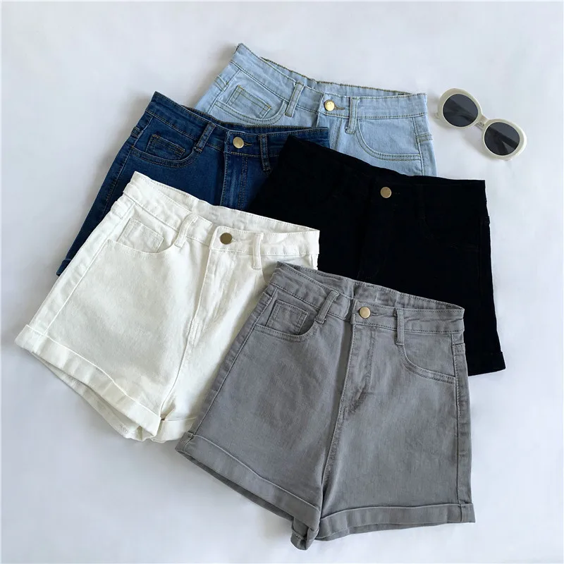 

2021 New Women Summer Basic Elastic Denim Shorts Cotton Slim Short Jeans Pants High Waist A-line Curl Edge