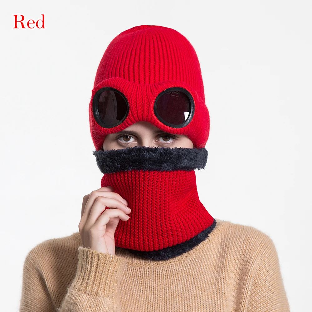 Модная утолщенная зимняя вязаная шапка двойного назначения, теплые лыжные шапки Skullies со съемными очками для мужчин и женщин - Цвет: red