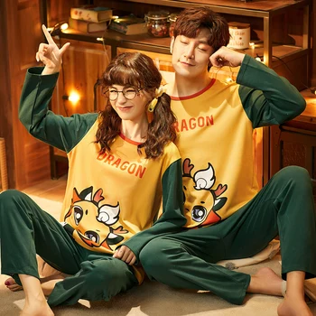 

Pajamas Sets Women Print Soft Cotton Carton Fashion Men Long Sleeve Sleepwear Suit 2 piece Sexy Spring Home Couple Lounge Gift