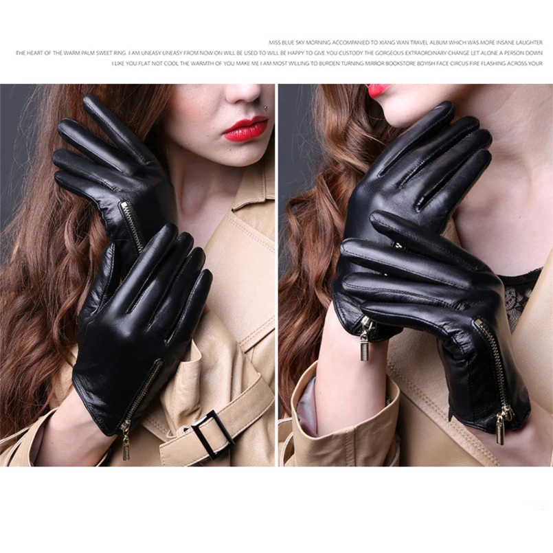 Роскошные женские перчатки черные перчатки Зимние перчатки из овечьей кожи женские s молнии повседневные Овчины Вождения Touch панк