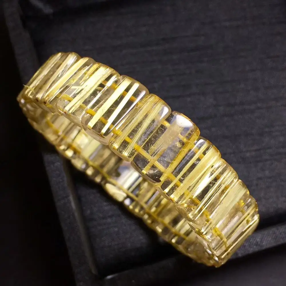 

Genuine 15x6mm Natural Gold Rutilated Quartz Titanium Bracelet Brazil Woman Man Rectangle Crystal Beads Bangle Certificate AAAAA