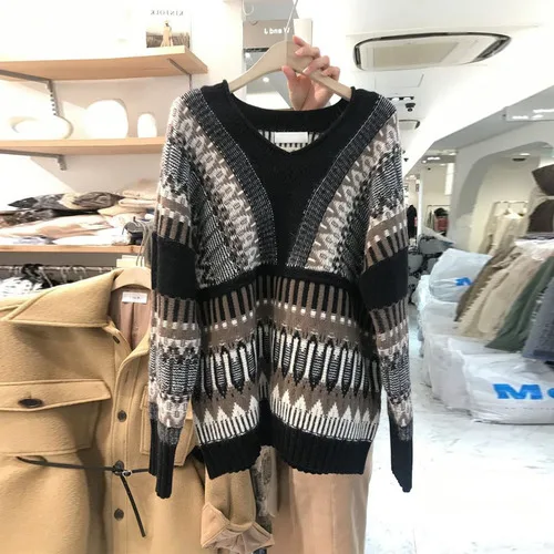 Korean Autumn and Winter New Loose Round Neck Color Matching Long Sleeve Pullover Women Oversized Sweater Women Sweaters - Цвет: Черный