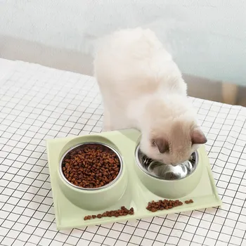 

Pet Feeding Supplies Cat Neck Guard Double Bowl Stainless Steel Anti-overturning Dog Feeding Bowl Water and Food Dual Use