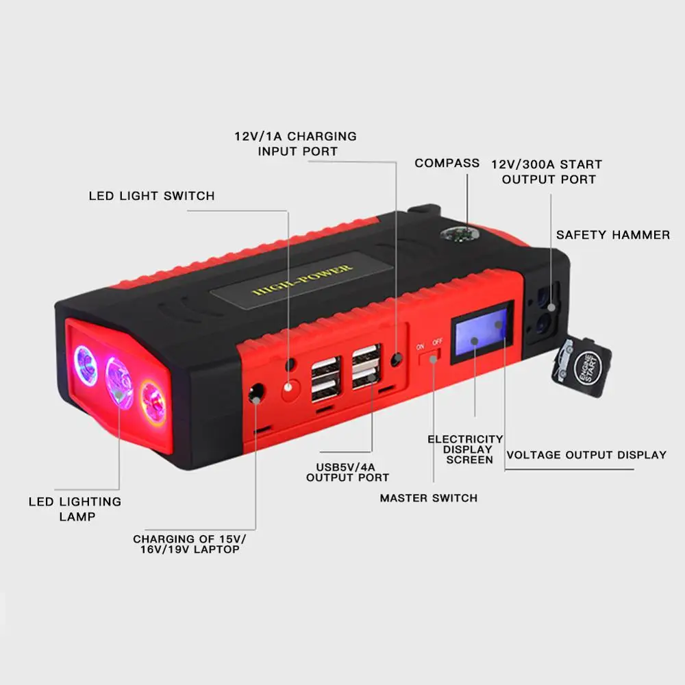 Автомобильный стартер 12000 мАч 4 usb порта банк питания с компасом светодиодный аварийный фонарик молоток автомобильный аккумулятор бустер зарядное устройство